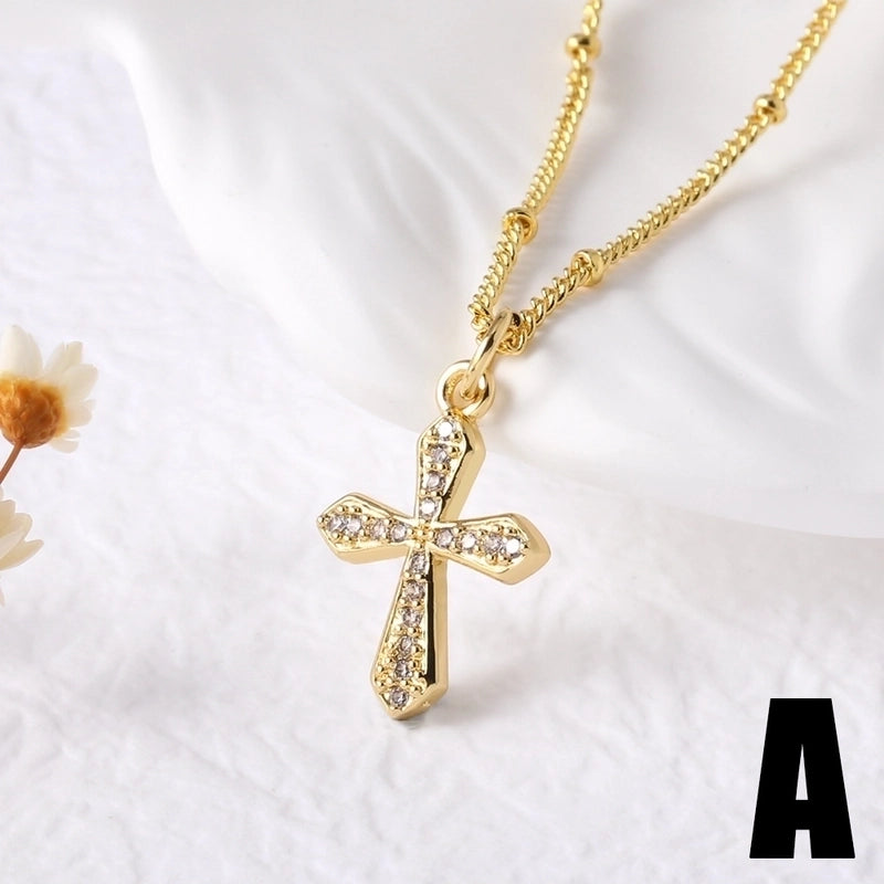 201 Stainless Steel Copper Cable Chain 18K Gold Plated Plating Cross Zircon Pendant Necklace