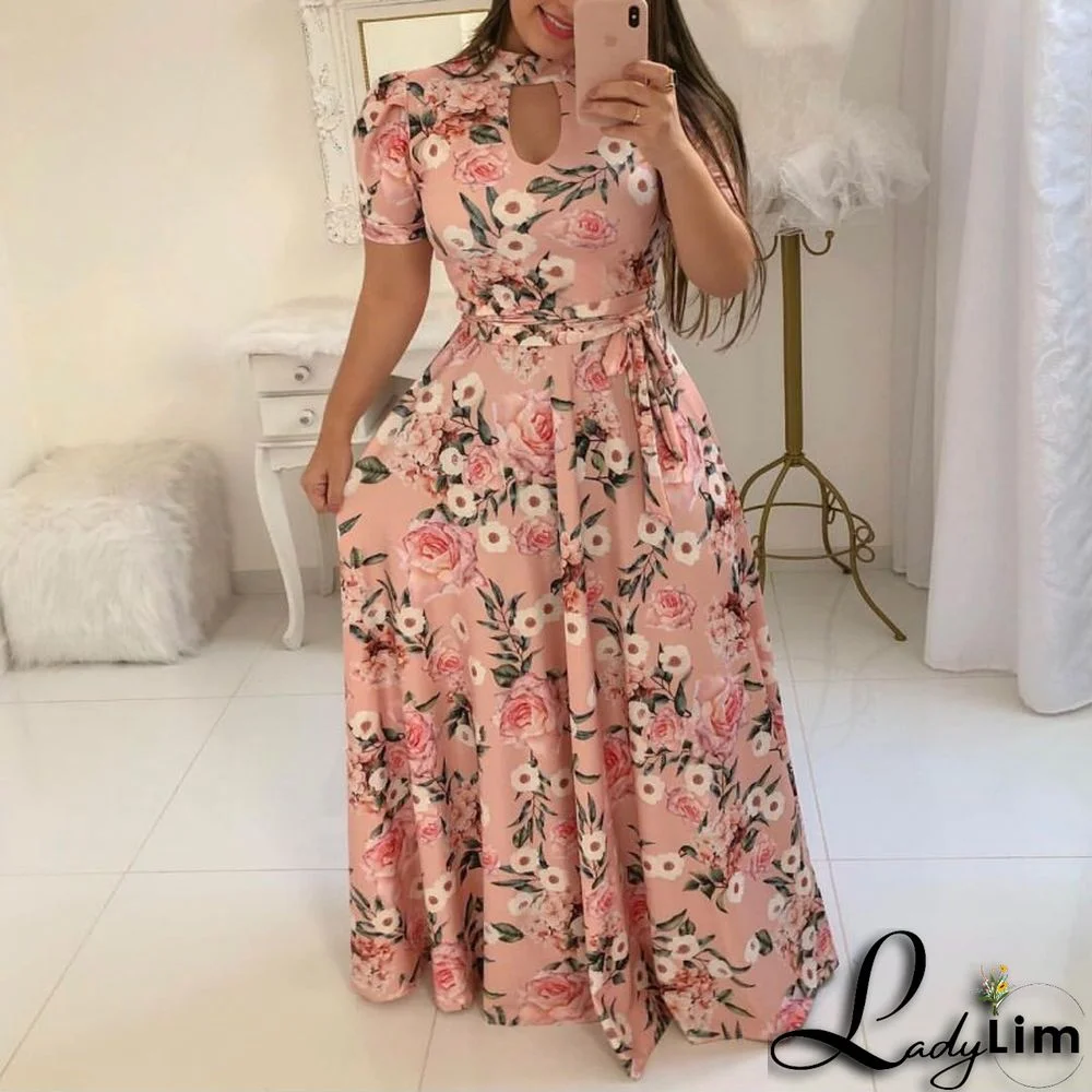 Ladies Lace Printed Half High Neck Long Dress