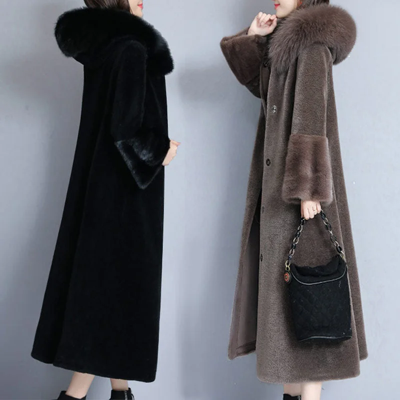 Suofun Long Large Size Thin Fox Fur Hair One Sheep Shearing Warm Coat Female 2021 New Elegant Women Winter Korean Mink Fur Coats