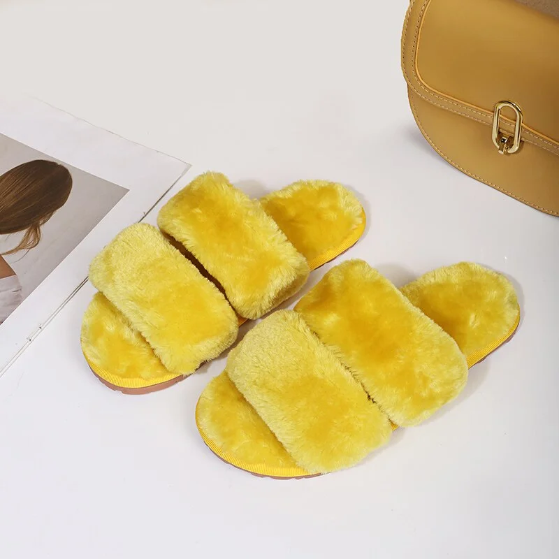 Fluffy Slippers Women Cozy Faux Fur Indoor Floor Slides Flat Soft Furry Shoes Women Home Slippers Female Winter Warm Flip Flops