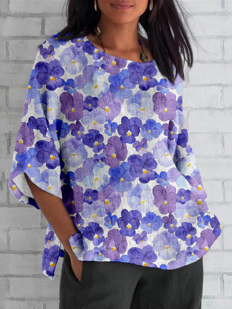 Comstylish Watercolor Pansy Flowers Linen Blend Cozy Tunic