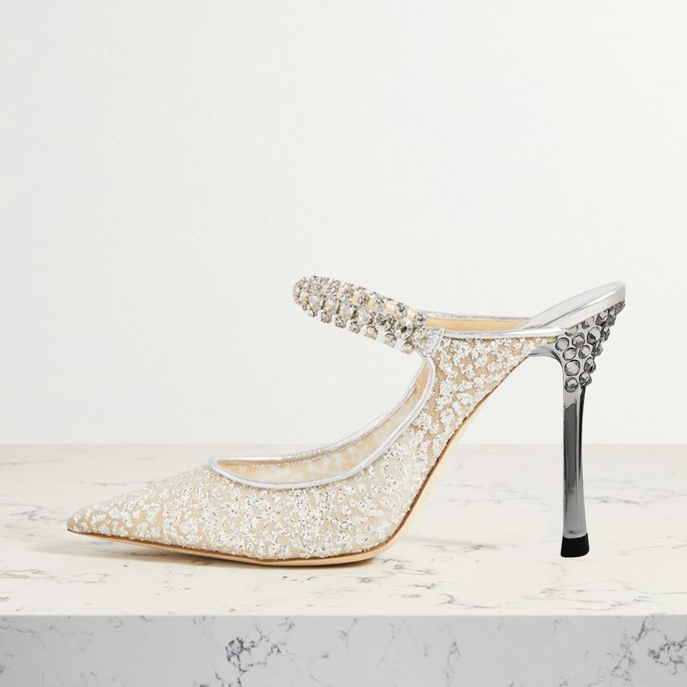 Silver Closed Toe 4'' Stiletto Heel Rhinestone Mule Pumps Nicepairs