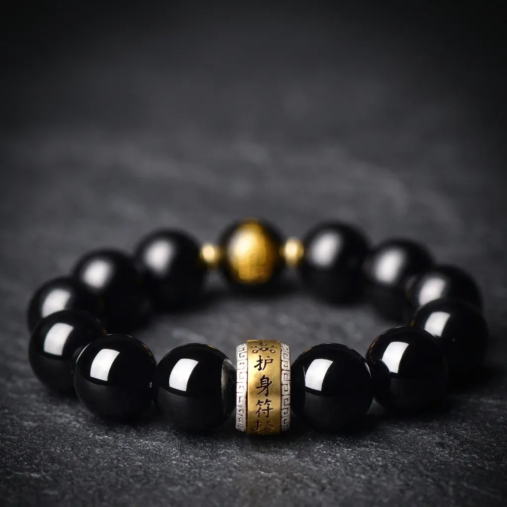 JiStones Obsidian Guardian: Handcrafted Zodiac Amulet Bracelet for Men Rooster - Acala (Fudo Myou) (12mm)