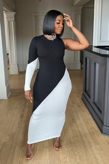One Shoulder Long Sleeve Maxi Dresses