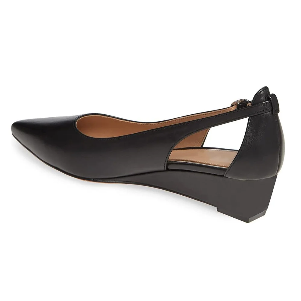 Black Vegan Leather Pointed Cut-Out Wedge Heel Classy Formal Pumps