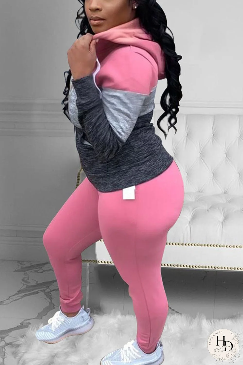 Pink Street Print Patchwork Hooded Collar Long Sleeve Two Pieces