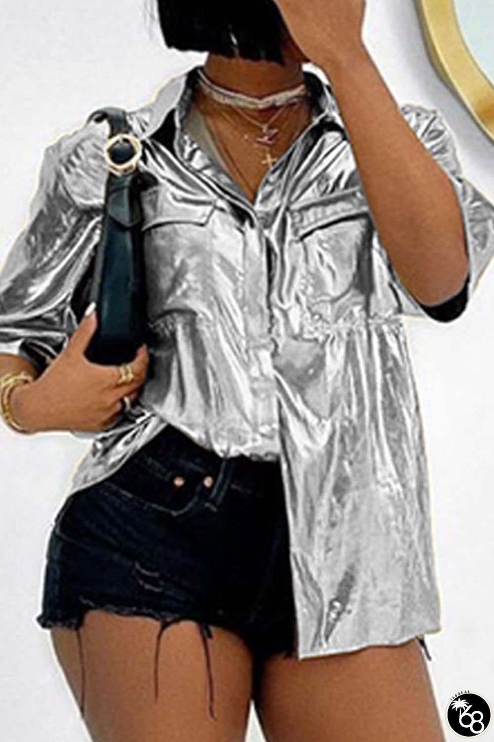 Silver Casual Solid Patchwork Shirt Collar Tops | 168DEAL