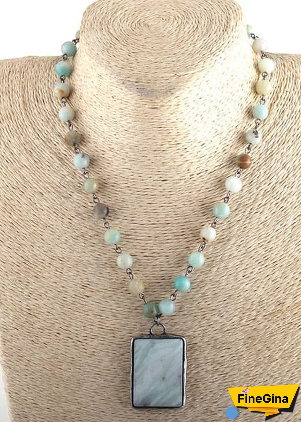 Boho Necklace, RH Jade Amazonite, Square Green Natural Stone