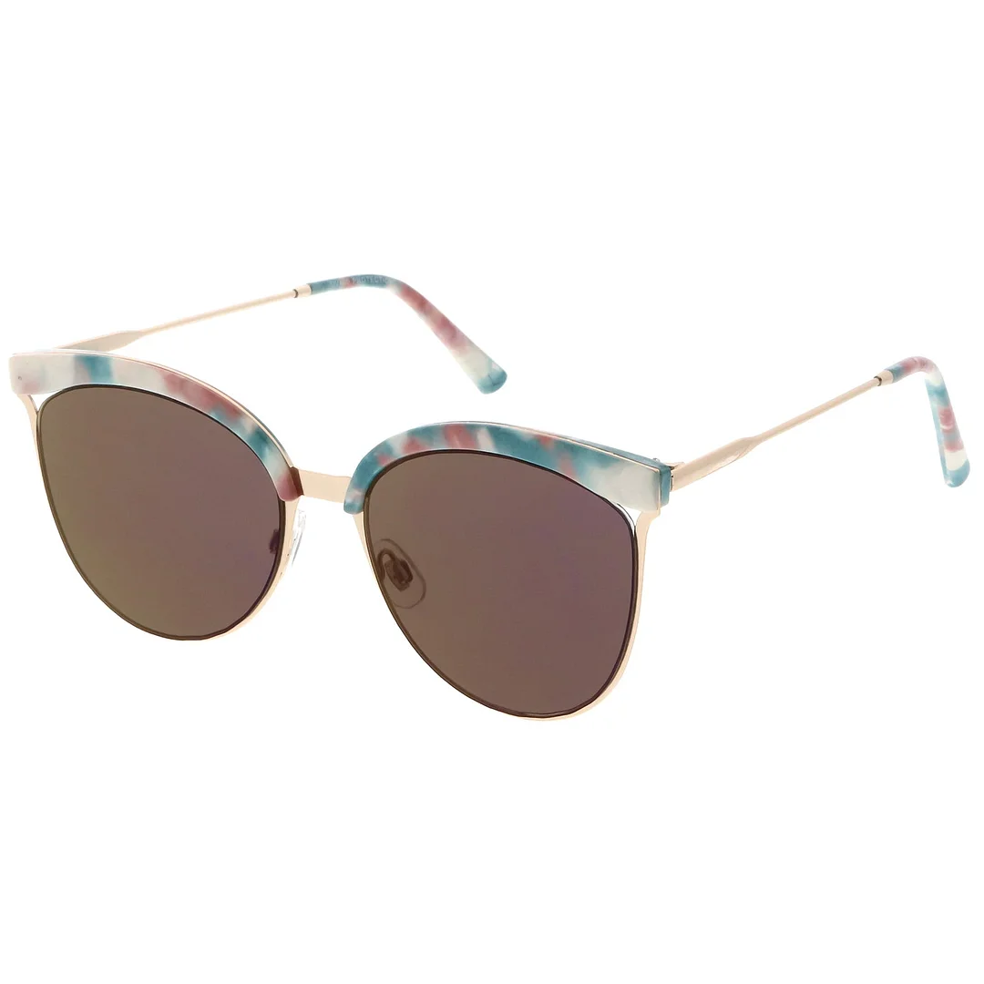 Modern Semi-Rimless Cat Eye glasses Cutout Round Mirrored Flat Lens 55mm