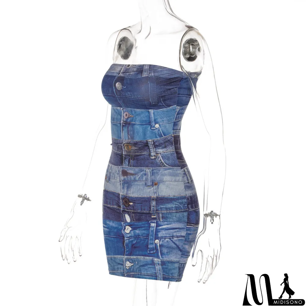 MidiSono - Women's Spring Fashion Print Style Slim Low Back Strapless Bodycon Dress