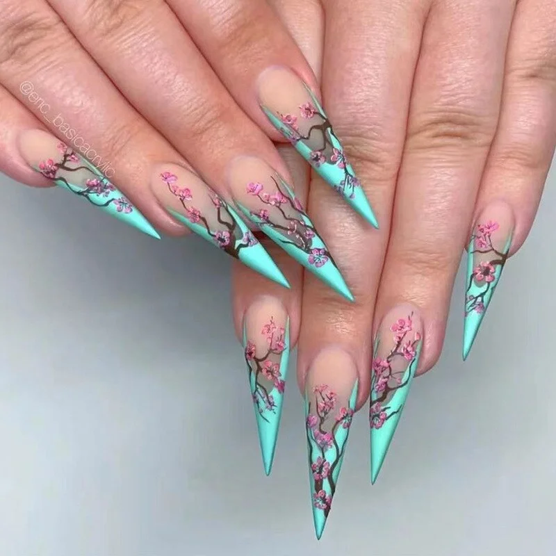 Churchf Blossoms Wearable Nail Art Long Ballet Green False Nails Fashion Detachable Finished Fake Nails Press on Nails with Glue-Nail Inspo