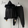 Jxwatcher Women's Sweater Set Real Fox Fur Collar and Cuffs Wool Blend Hooded Knitted Tops Ladies Autumn Fashion Pullover Female