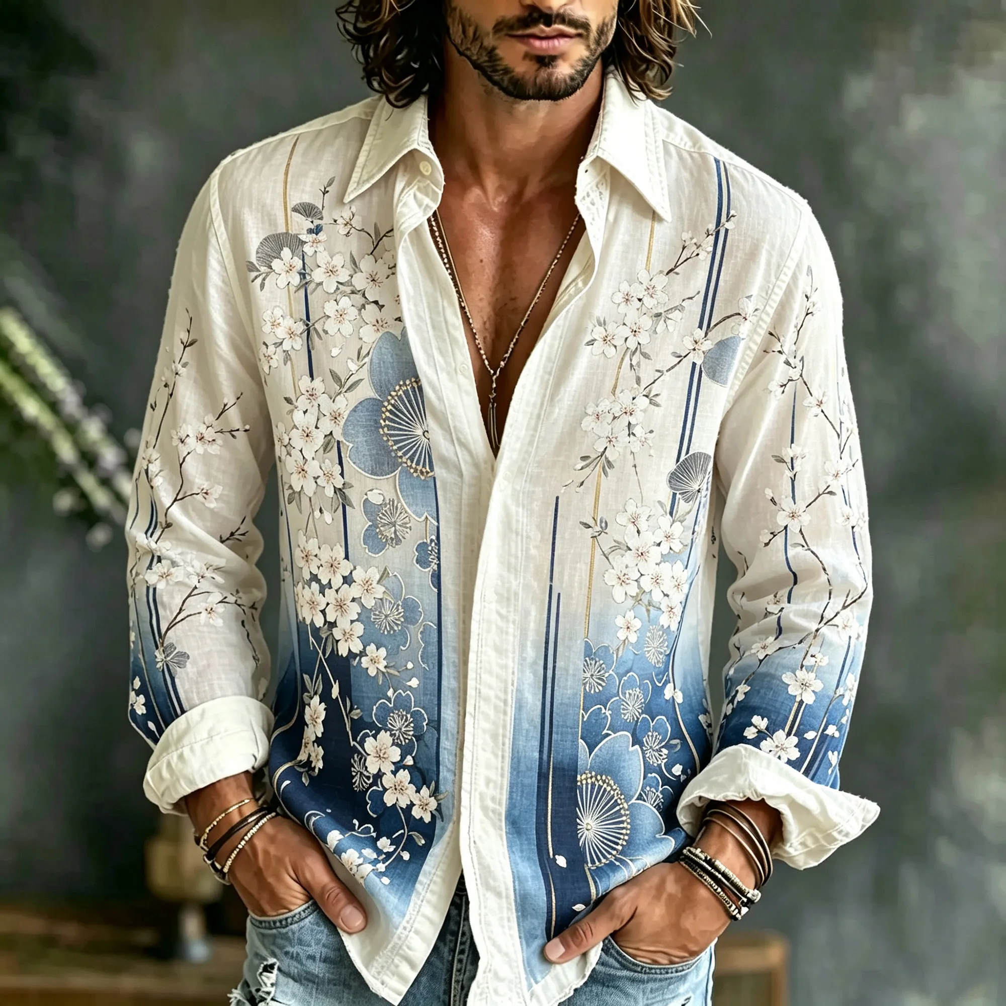 Men's Retro Gradient Blue Cherry Blossom Striped Japanese Floral Casual Shirt  artssus