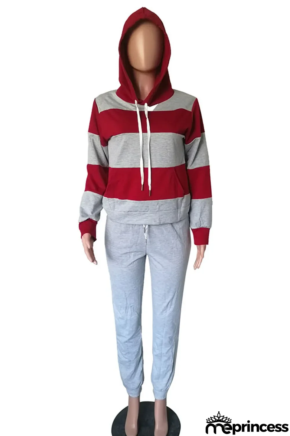 Red Polyester OL Striped Patchwork Print pencil Long Sleeve Two Pieces