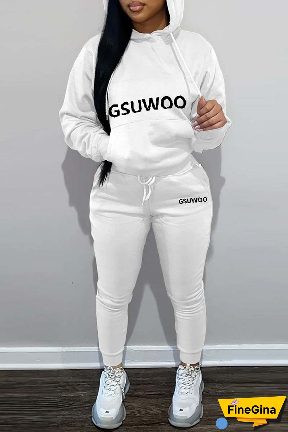 Khaki Casual Letter Print Basic Hooded Collar Long Sleeve Two Pieces