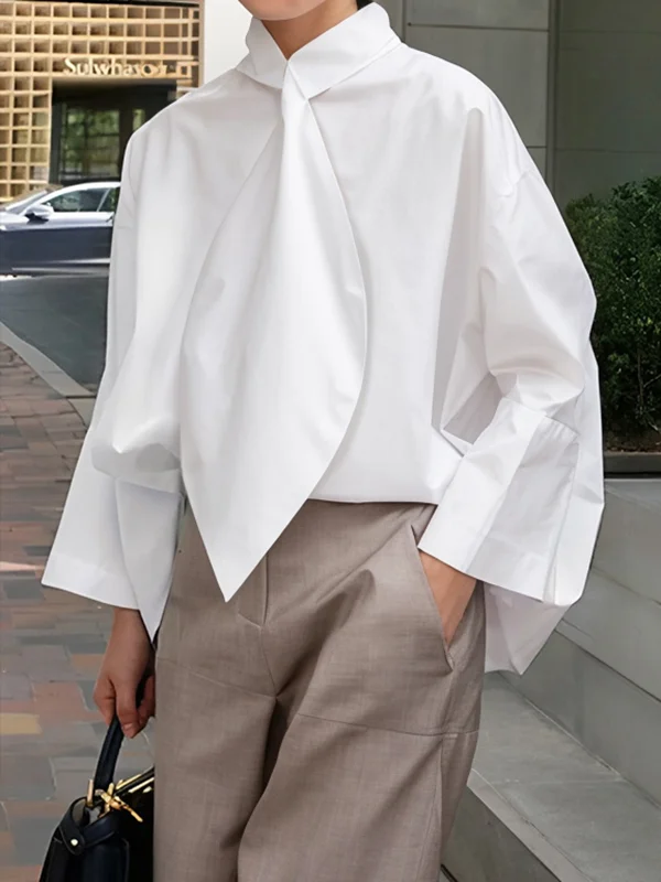 Long Sleeves Loose Solid Color Tied Stand Collar Blouses&Shirts Tops