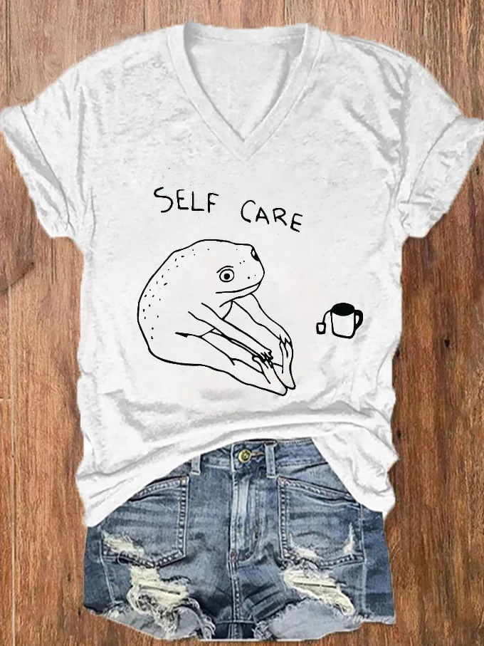 Women's Self Care Frog Drinking Coffee Mental Health Print V-Neck T-Shirt socialshop