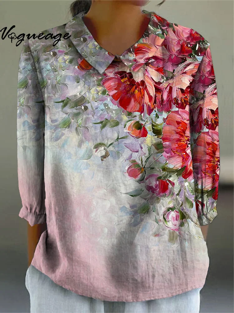 Bright Colorful Oil Painting Flowers Printed Cotton And Linen Women Shirt