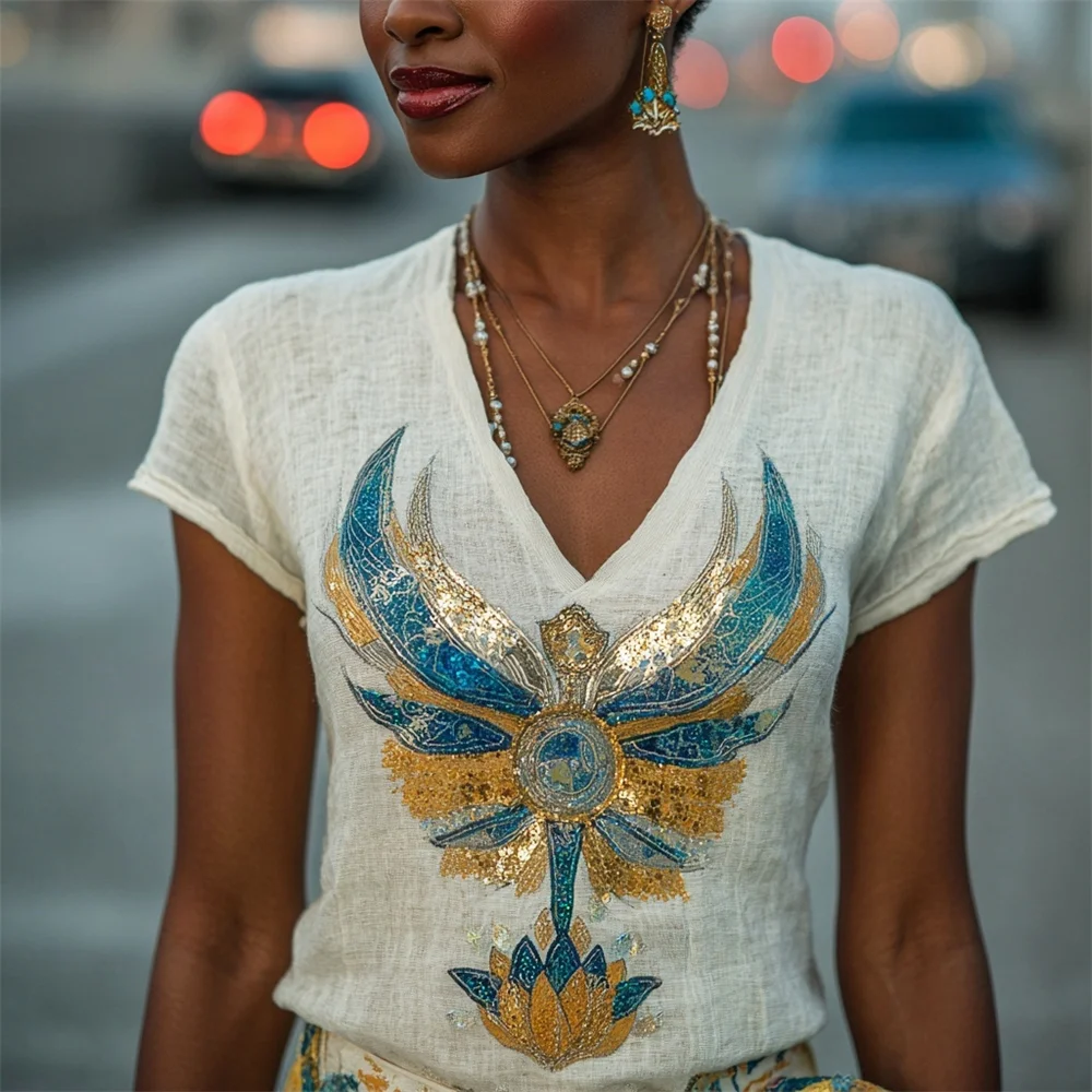 Sequined Dragonfly Embroidery Women's V-neck T-shirt