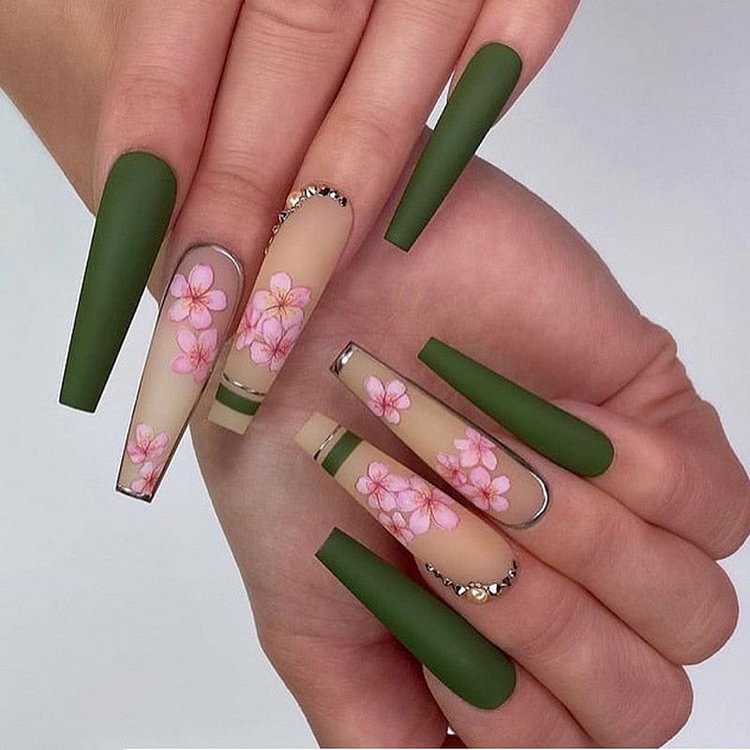 24pcs/Box Flower Green Press On Nails Long Ballet Peach Blossom Sexy Nails Full Detachable Fake Nails Tips Wearable Coffin Nails
