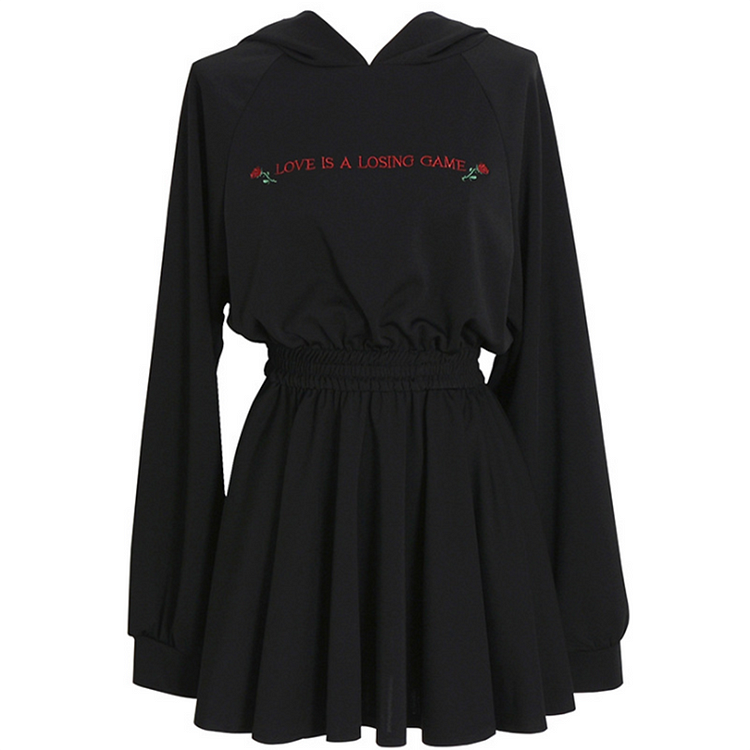 Rose Letter High Waist Hooded Black Dress - Modakawa Modakawa