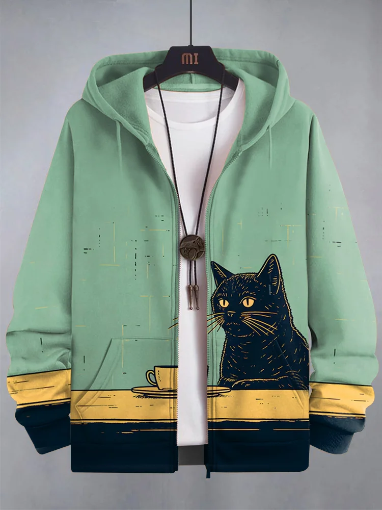 Men's Chilling Black Cat Coffee Funny Print Hooded Zip Up Jacket