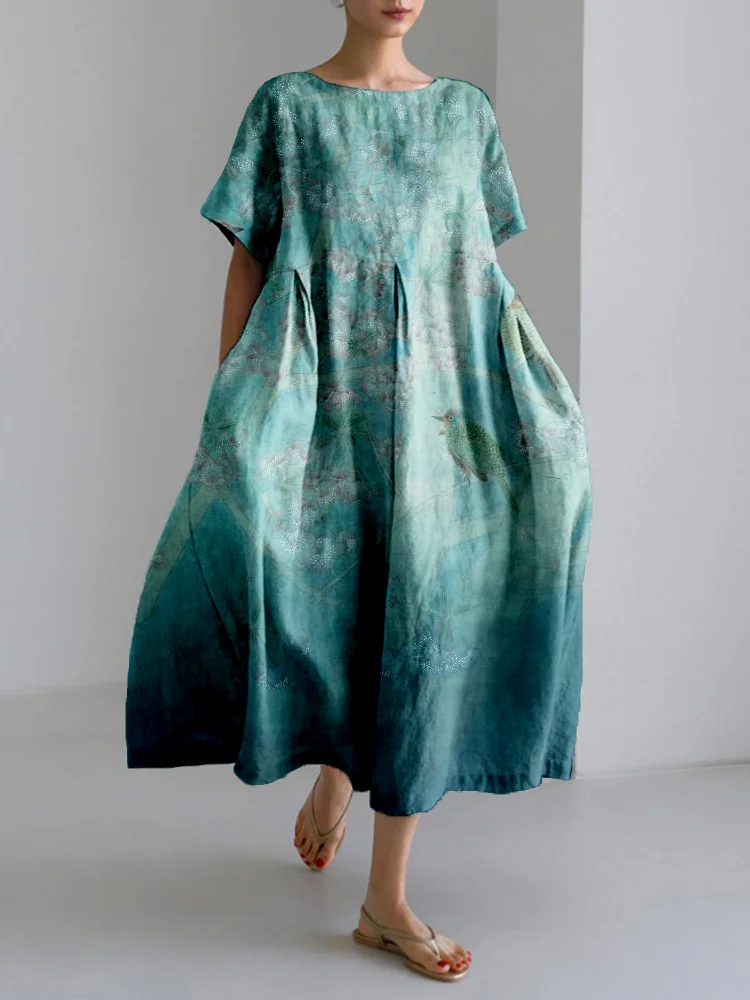 Cherry Blossom & Birds Art Linen Blend Maxi Dress