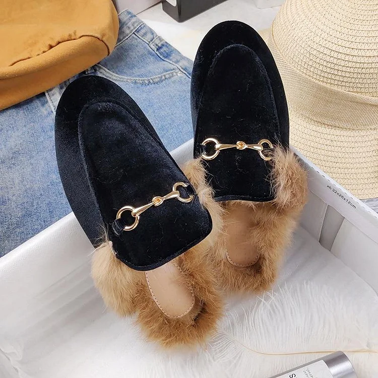 Furry Outer Wearing slippers for women Muller slippers Wild Fluffy Flat Mules Warm QueenFunky
