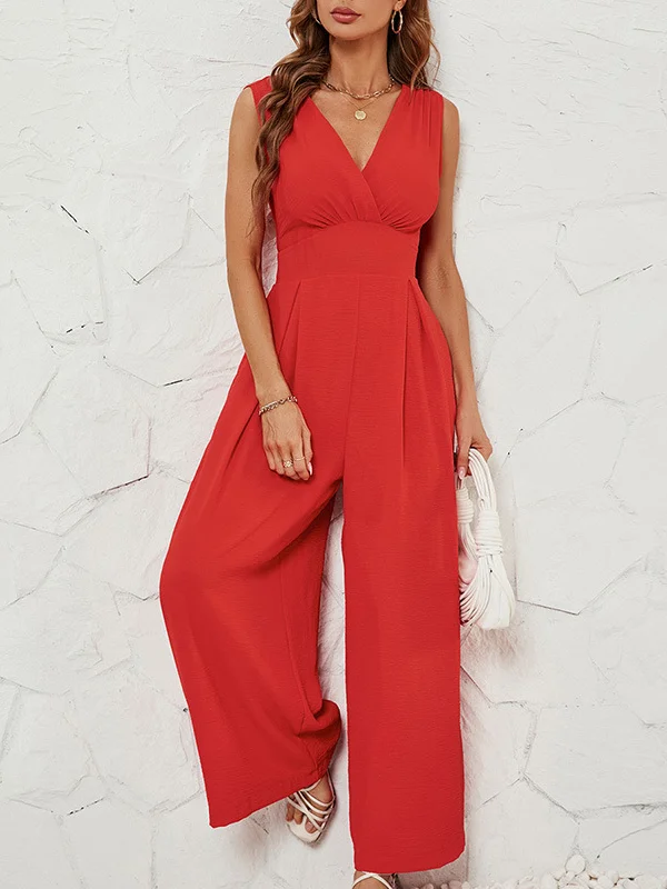 Split-Joint Solid Color Pleated Wide Leg Sleeveless V-neck Jumpsuits
