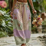 Women's Rose Floral Patchwork Casual Resort Linen Blend Pants - Image 3