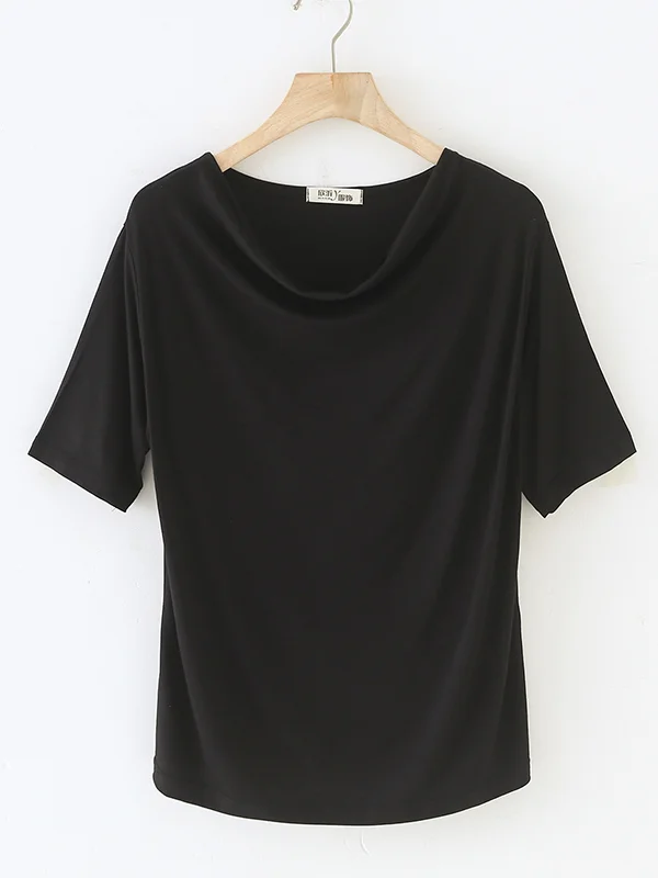 Short Sleeves Pleated Solid Color Heaps Collar T-Shirts Tops