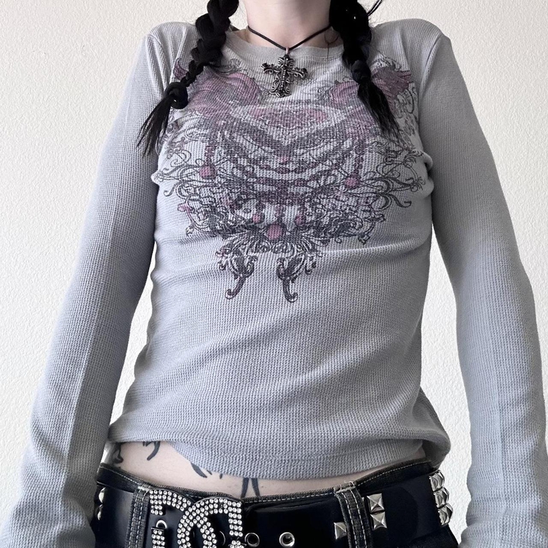 OLCooL E-girl Gothic Mall Goth Crop Top Graphic Print T-shirt Aesthetic Grunge Full Sleeve Pullovers Tees Women Vintage Y2K Emo Clothes olcool
