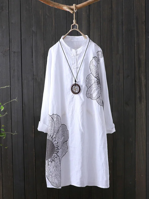 Flower Printed Long Sleeve Long Type Linen Shirts