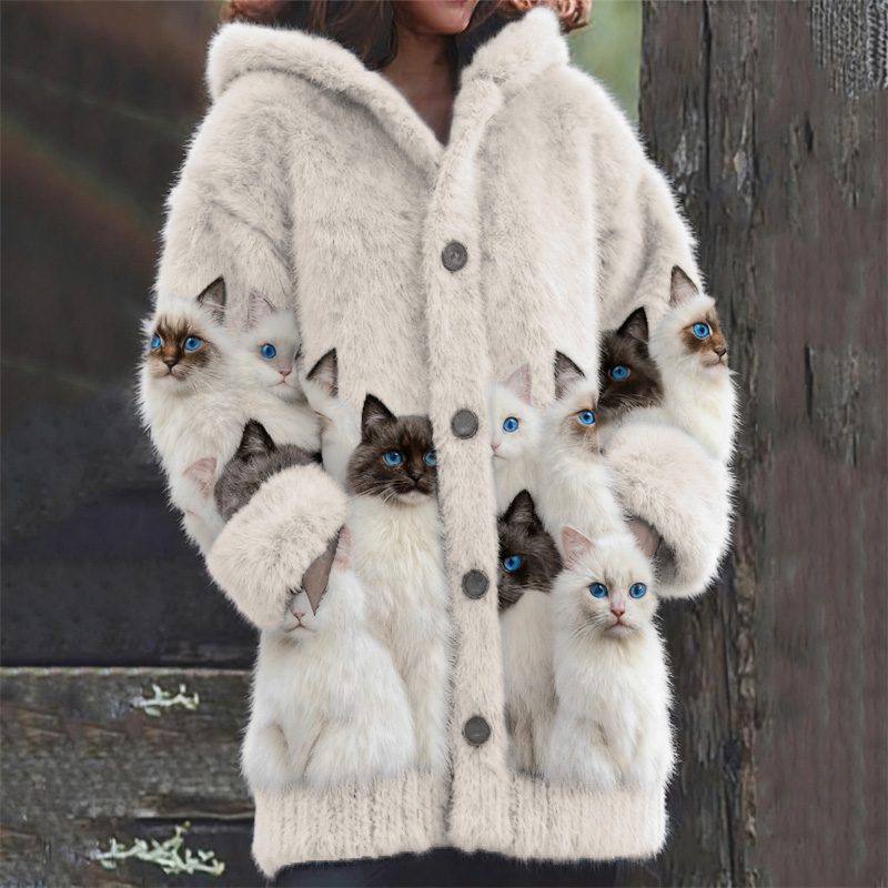 Classy Fuzzy Cats Art Cozy Knit Hooded Cardigan wearshes