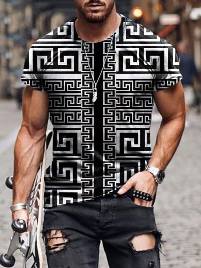 Retro Print Short Sleeve Round Neck T-shirt