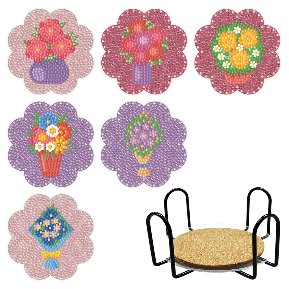 DIY Acrylic Diamond Coaster Set Flowers Style 6 Piece Set + 1 Rack) (BD207)