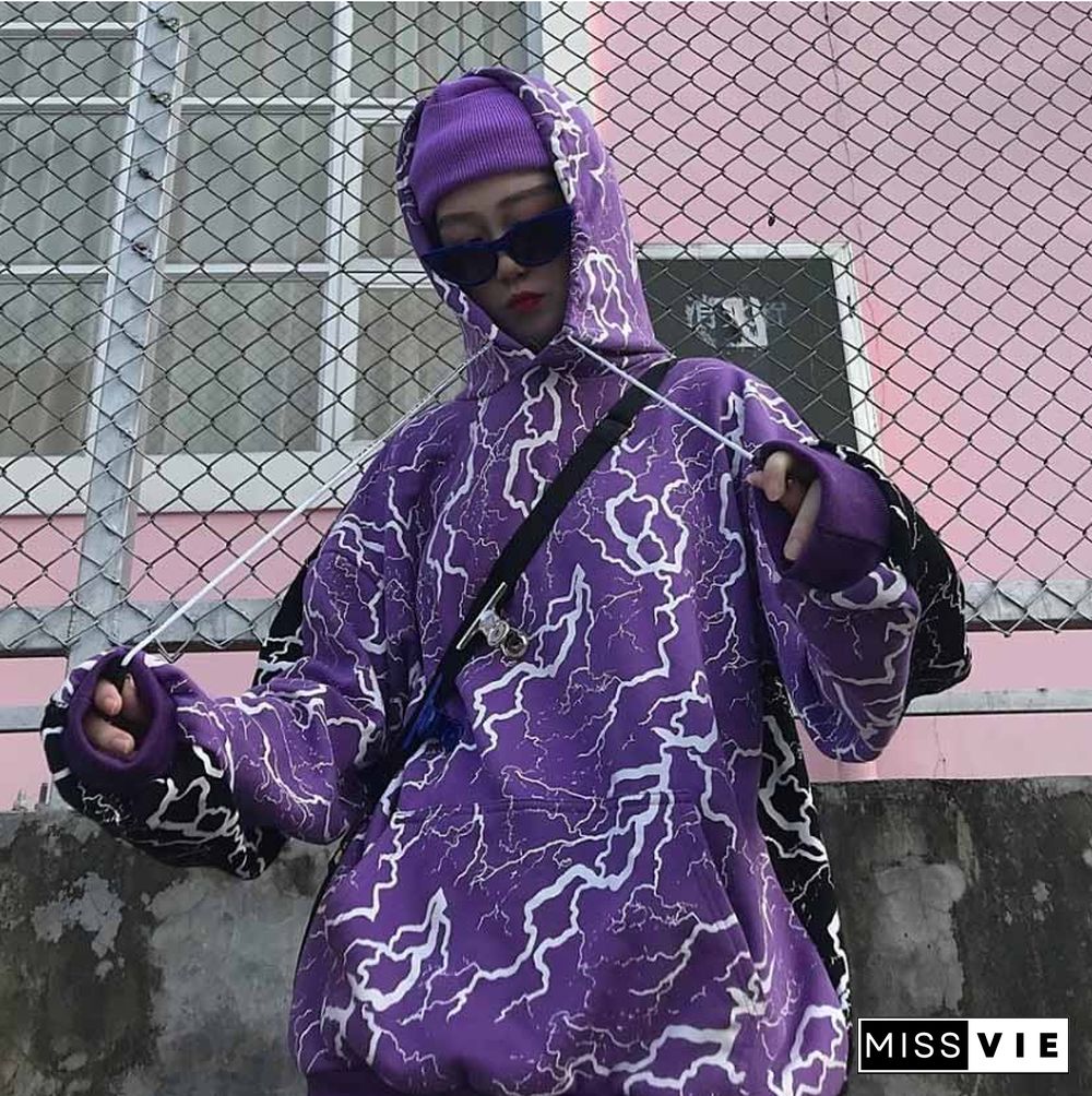 Ladies Stitching Printed Loose Long Hoodie