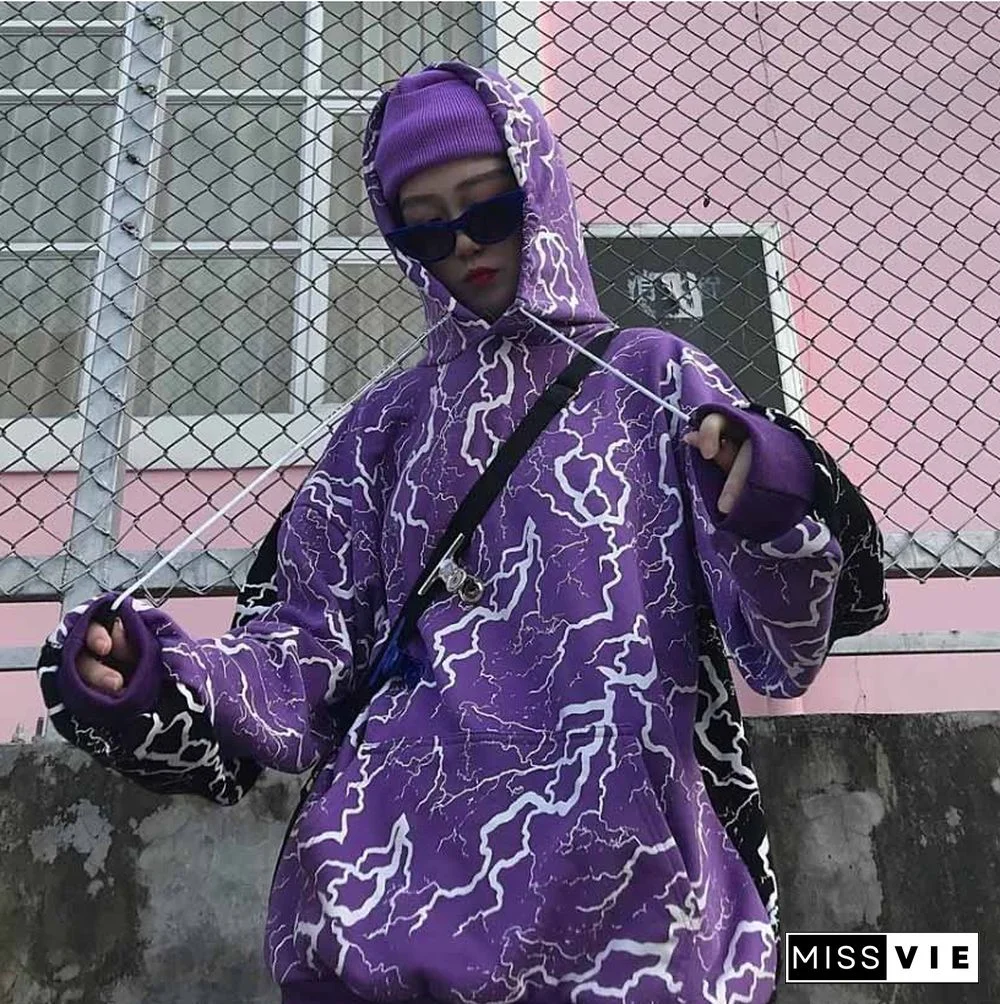 Ladies Stitching Printed Loose Long Hoodie