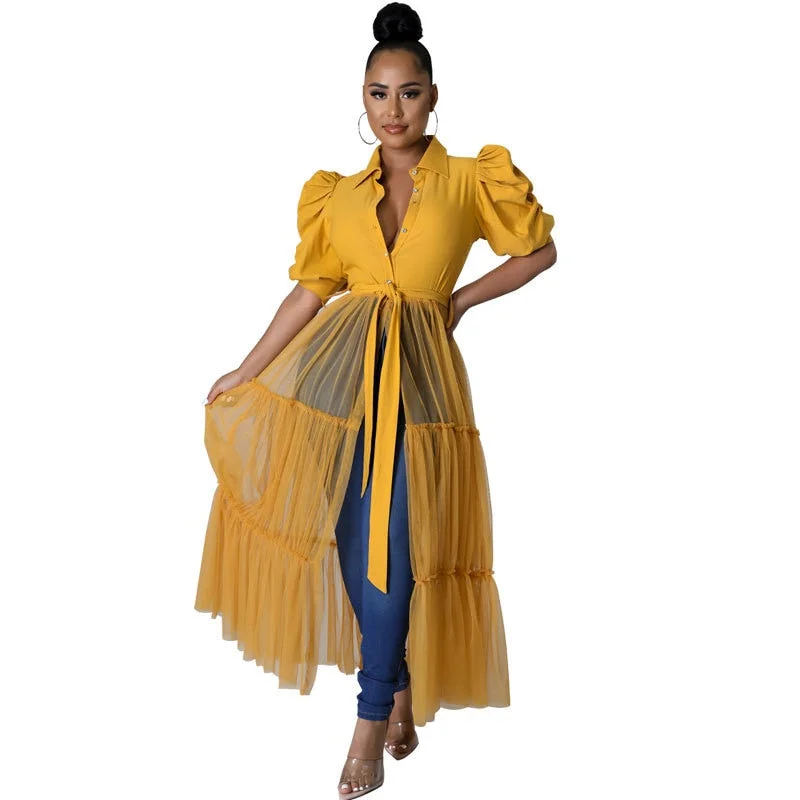 CM.YAYA Women Elegant Mesh Patchwork Lantern Short Sleeve High Waist Single Breasted Shirt Style Long Maxi Dress 2022 Summer