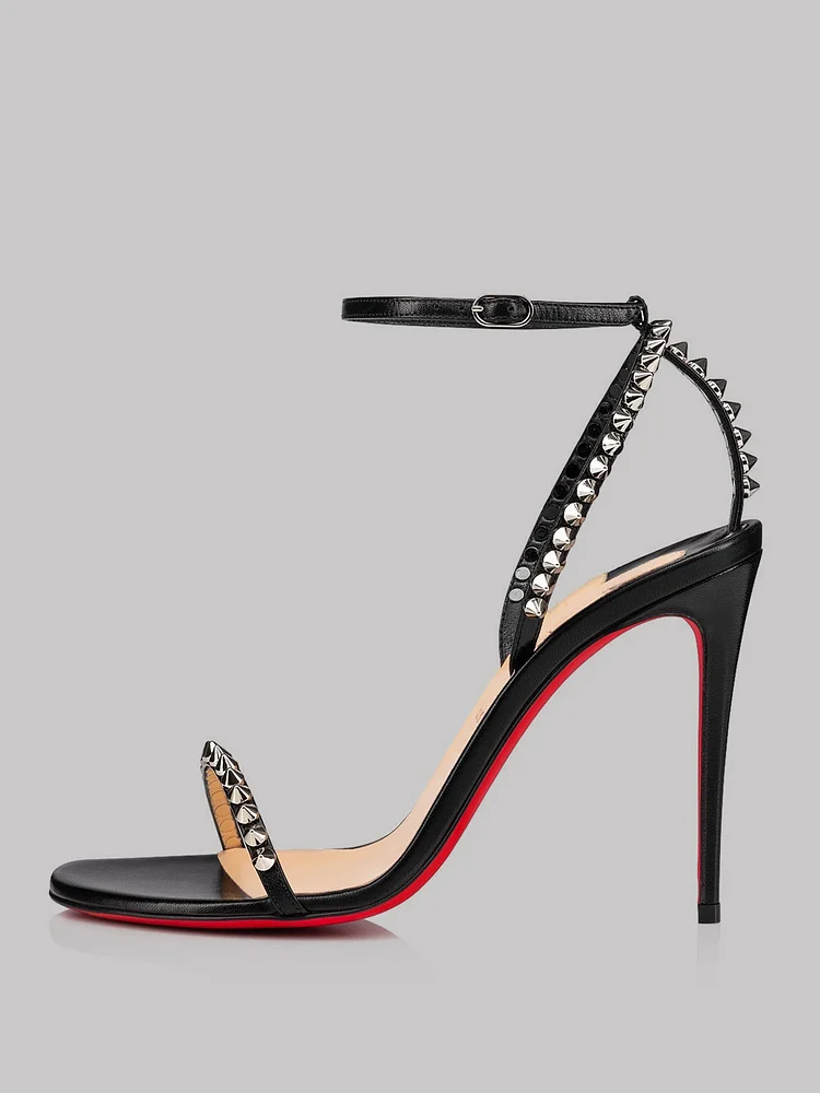 100mm Women's Open Toe Sandals Stiletto Red Bottom High Heels Ankle Strap Rivet Studs Shoes