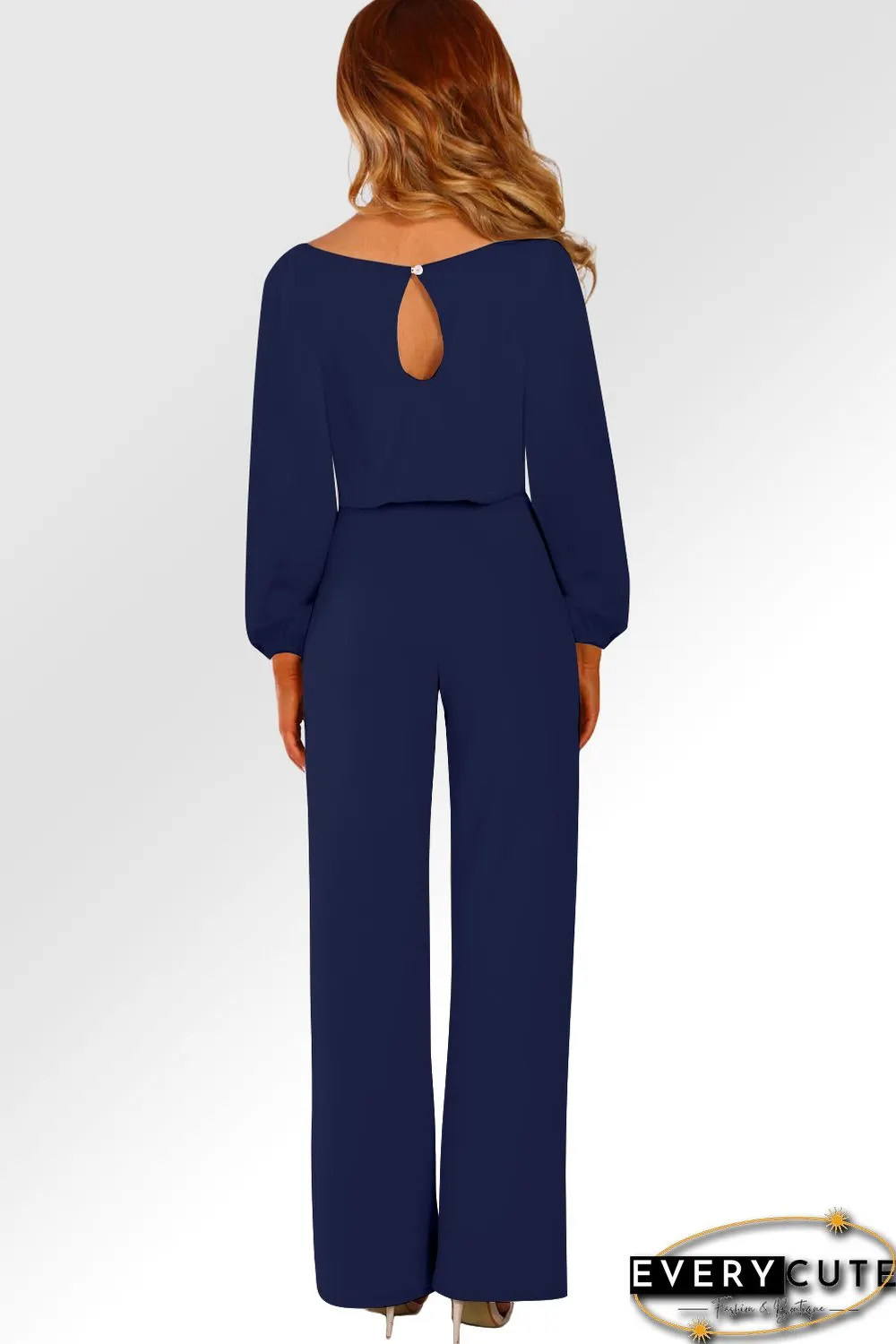 Navy Boat Neck Bubble Sleeve Straight Legs Jumpsuit with Belt Tie