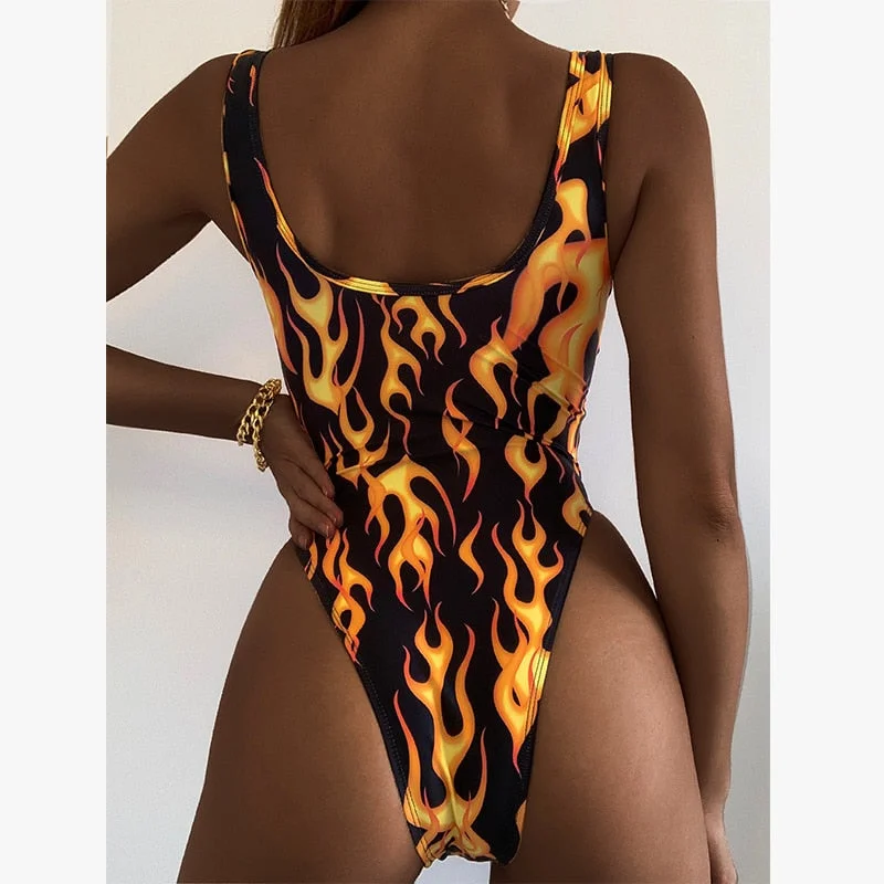 Peachtan Sexy one piece suit Yellow fire print swimwear women High cut retro monokini one-piece swimsuit female bathing suit new