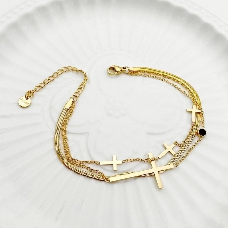 Vintage Style Minimalist Roman Style Cross 304 Stainless Steel Gold Plated Zircon Bracelets In Bulk