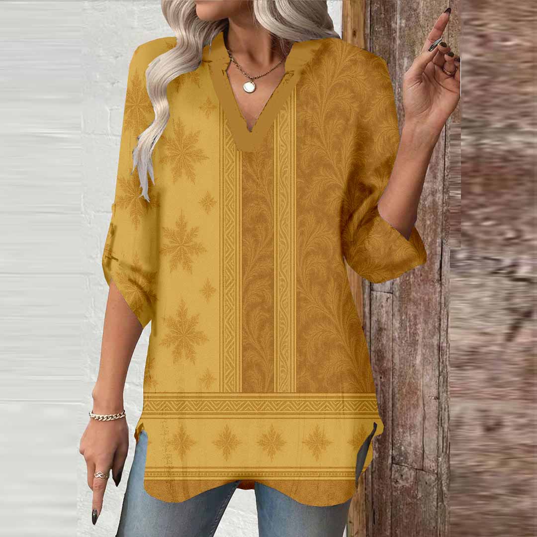 Women Bohemian,Khaki DZGA0286 3/4 Sleeve V-neck Printed Graphic Button Tops