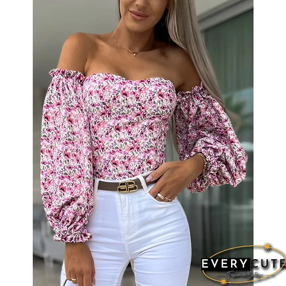 Floral Print Off Shoulder Puff Sleeves Tops