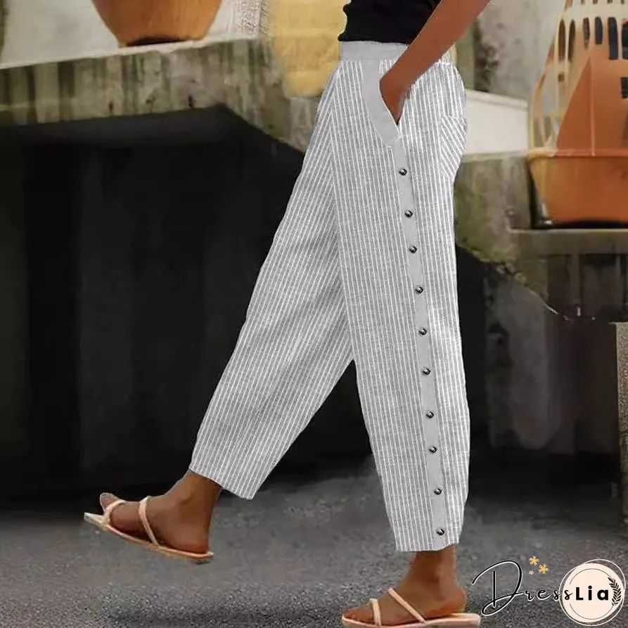 Fashionable Printed Striped Elastic Waist Cropped Pants