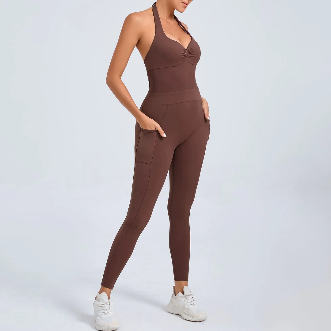 Toloer Toloer Sand Hanging Neck Type Two Side Pocket Yoga Jumpsuit Female Dance Bare Back Fitness Tight Sports Jumpsuit-Outfit Ideas
