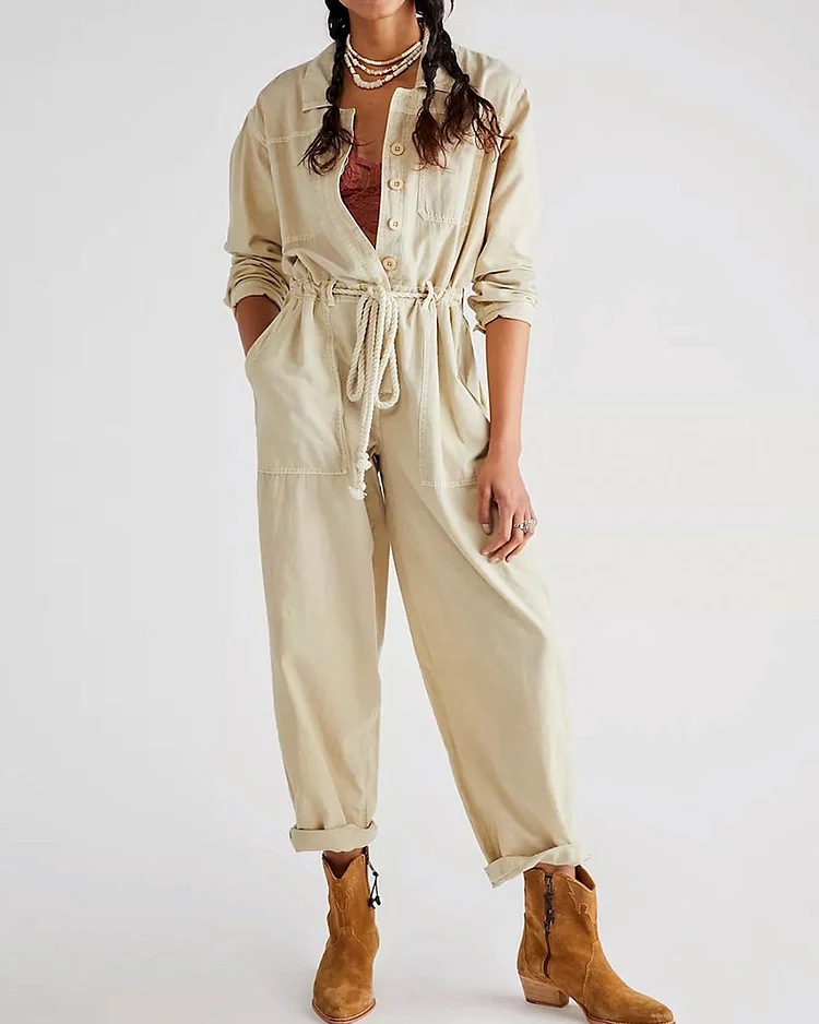 Casual Loose Linen Jumpsuit With Belt Coverall