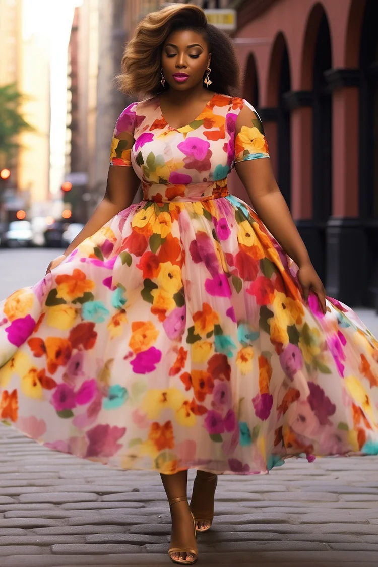 Xpluswear Design Plus Size Wedding Guest Multicolor Floral Round Neck Chiffon Midi Dresses [Pre-Order] 2024 - Xpluswear