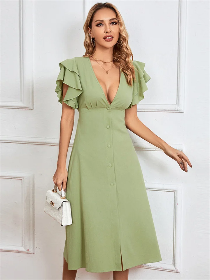 Spring and Summer Women's New V-neck Sexy Backless High Waist Open Lotus Leaf Sleeve Single-breasted A-line Dress In Long Paragraph Dress-Cosfine